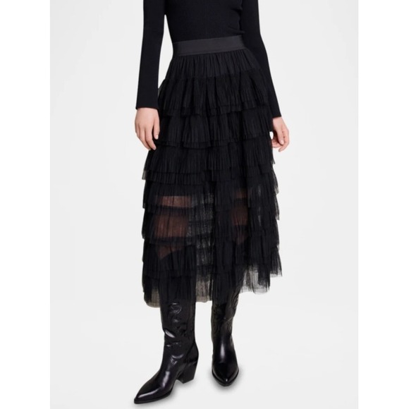 Maje Dresses & Skirts - MAJE Josepha Layered Tulle Midi Skirt In Black Women Size 40 Large Casual Party